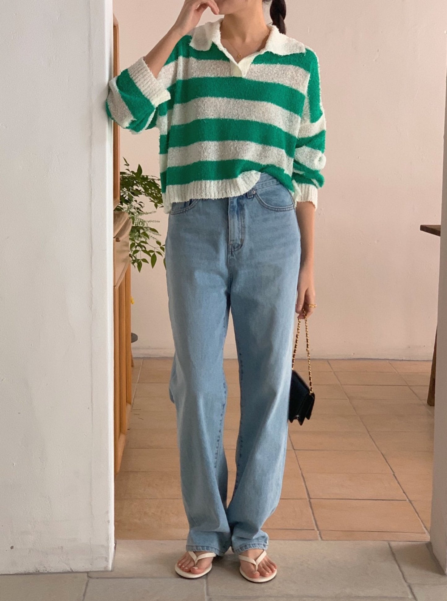 Collar Stripe Knit Top