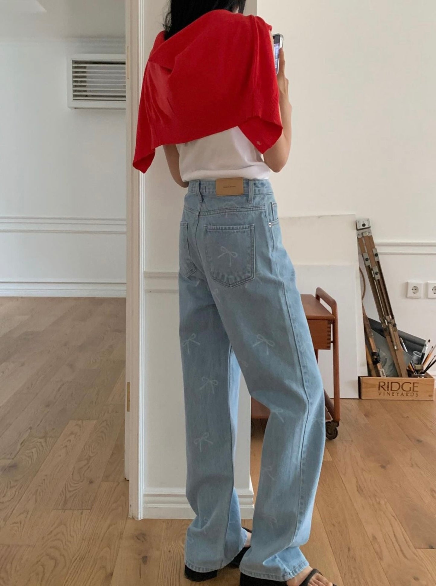 Bow Print Straight Denim Pants