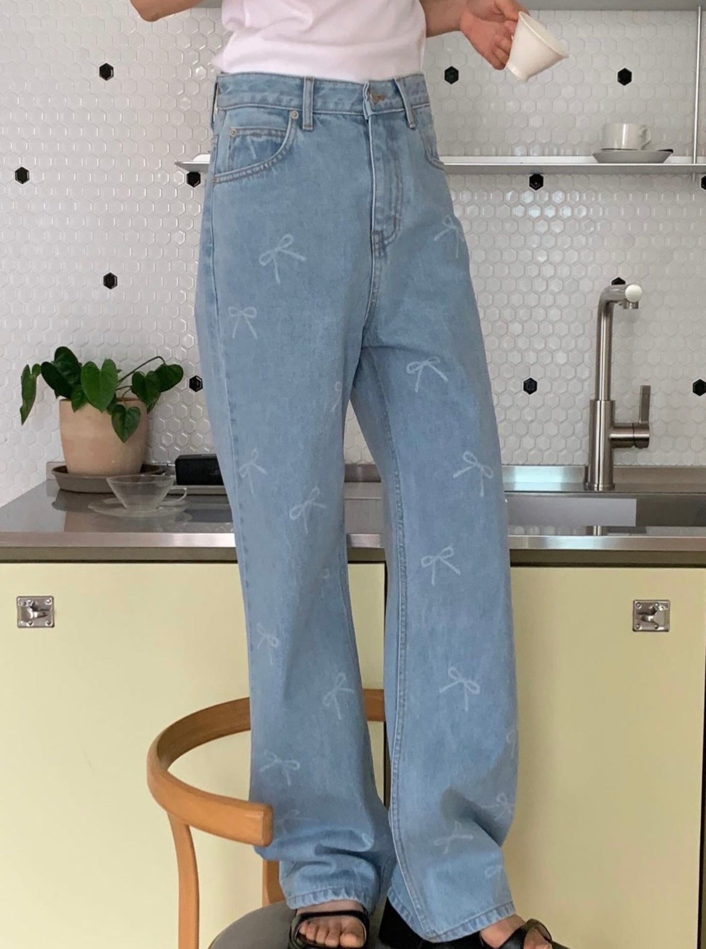 Bow Print Straight Denim Pants
