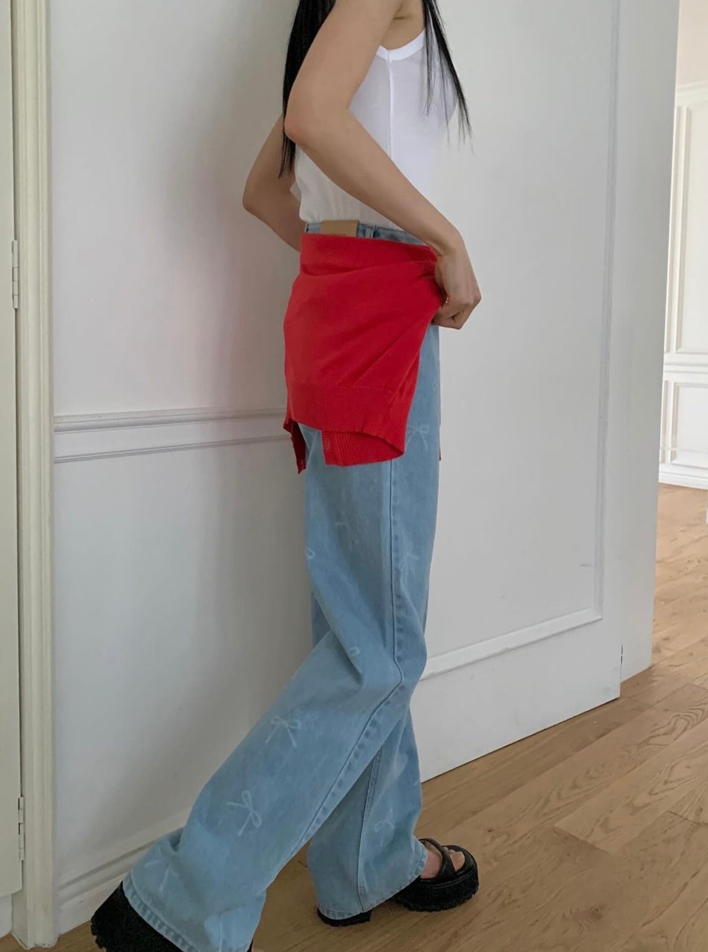 Bow Print Straight Denim Pants