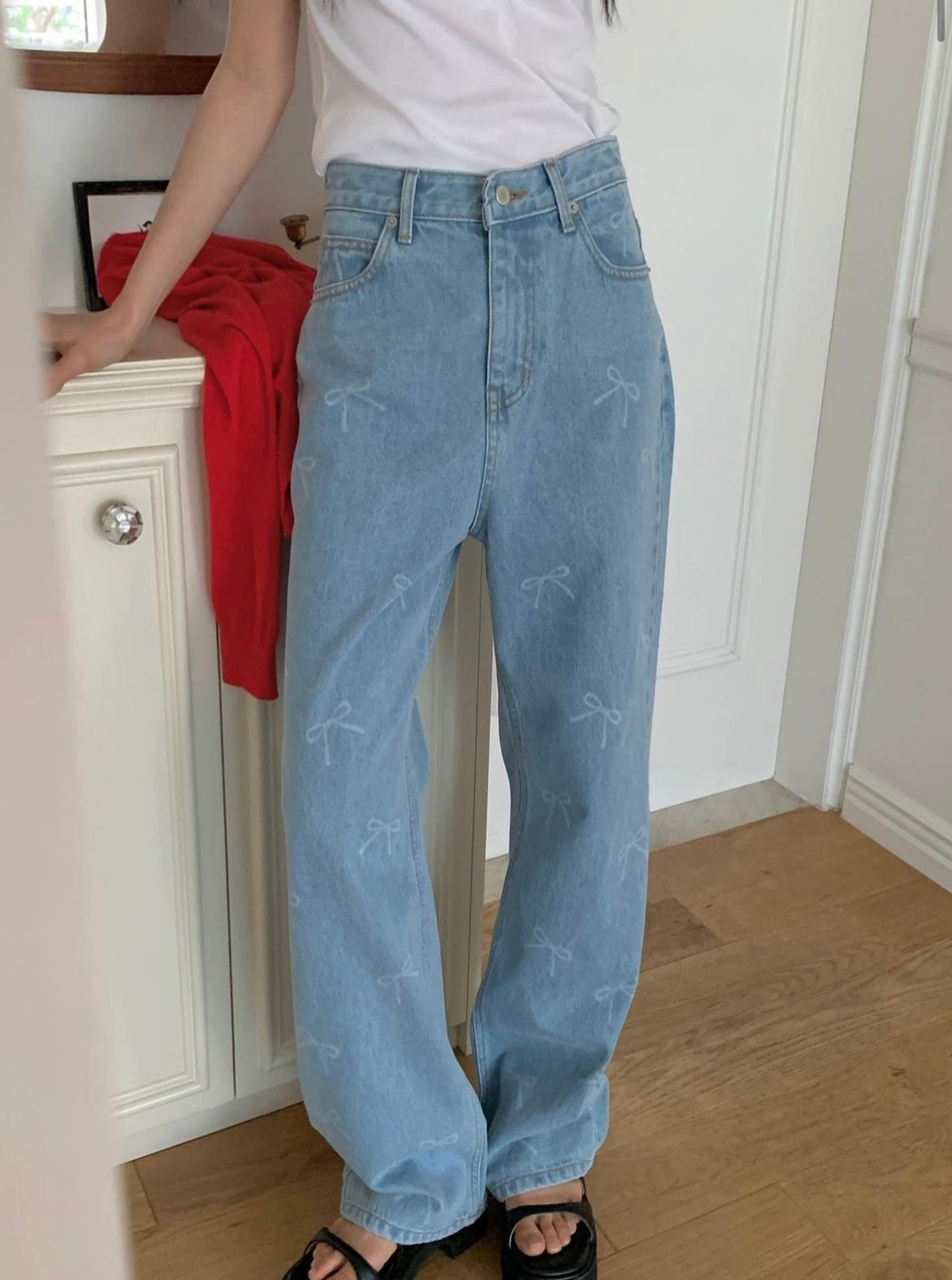 Bow Print Straight Denim Pants