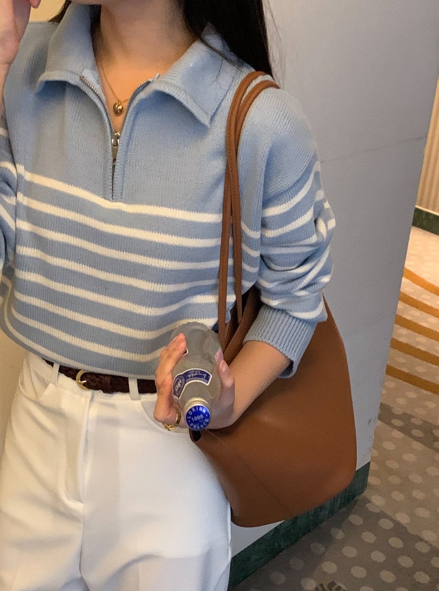 Stripe Half Zip-up Knit Top