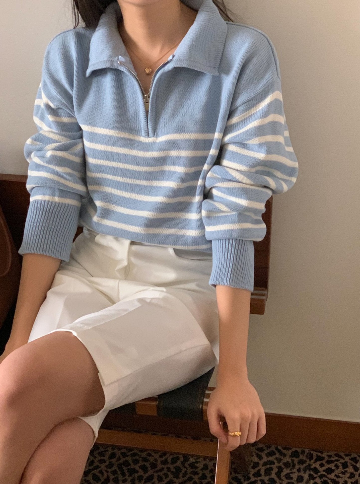 Stripe Half Zip-up Knit Top