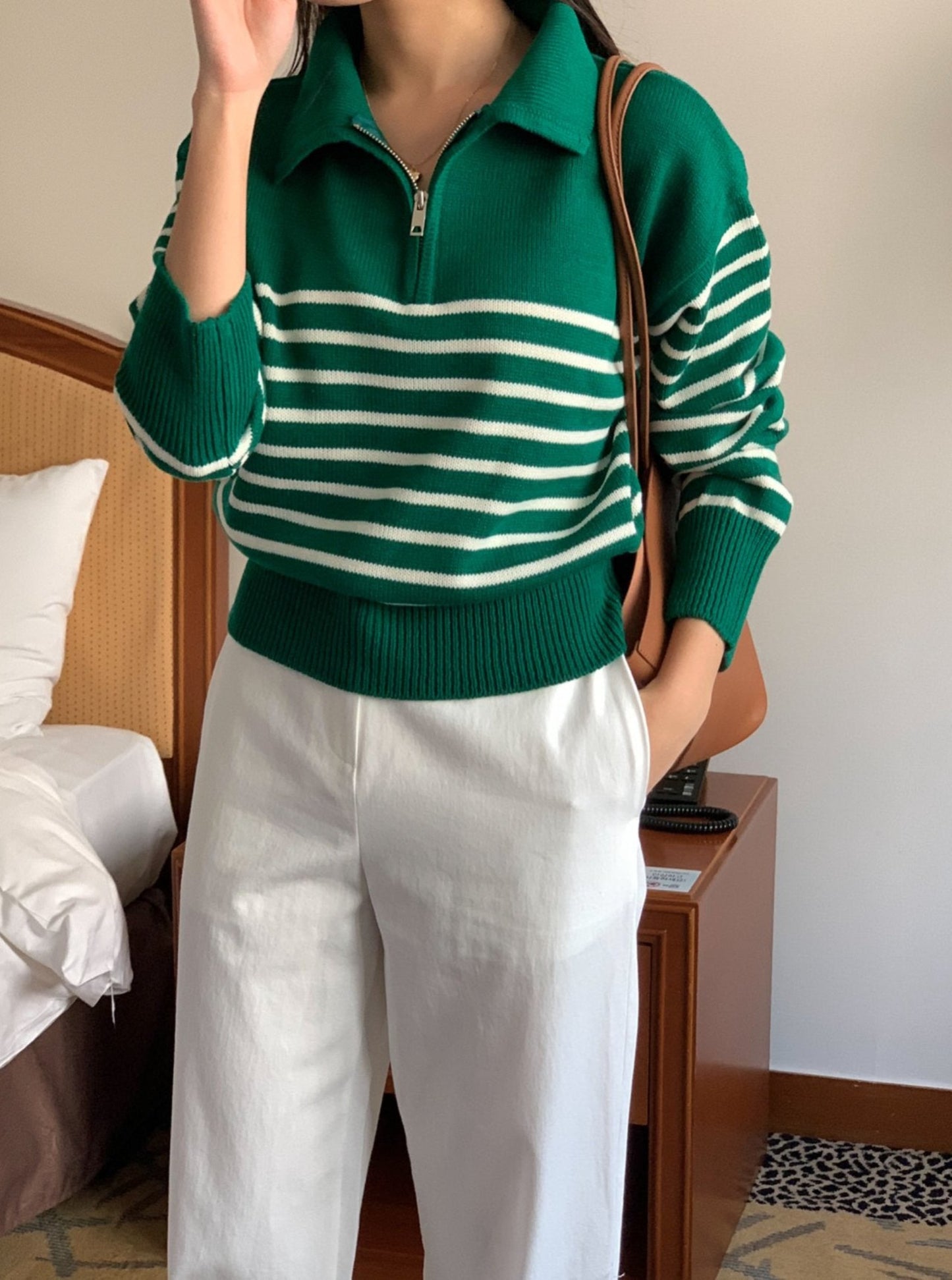 Stripe Half Zip-up Knit Top