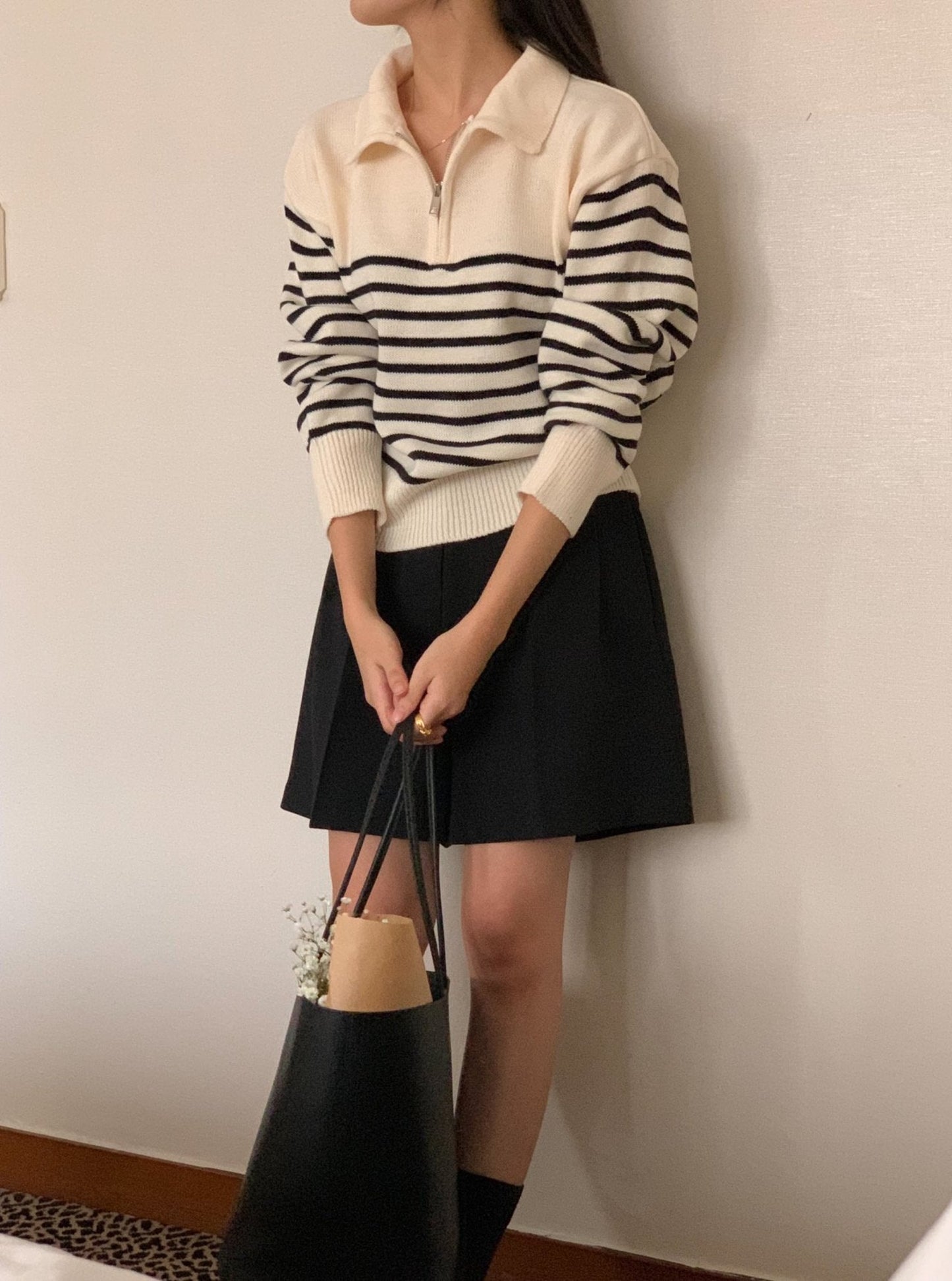 Stripe Half Zip-up Knit Top