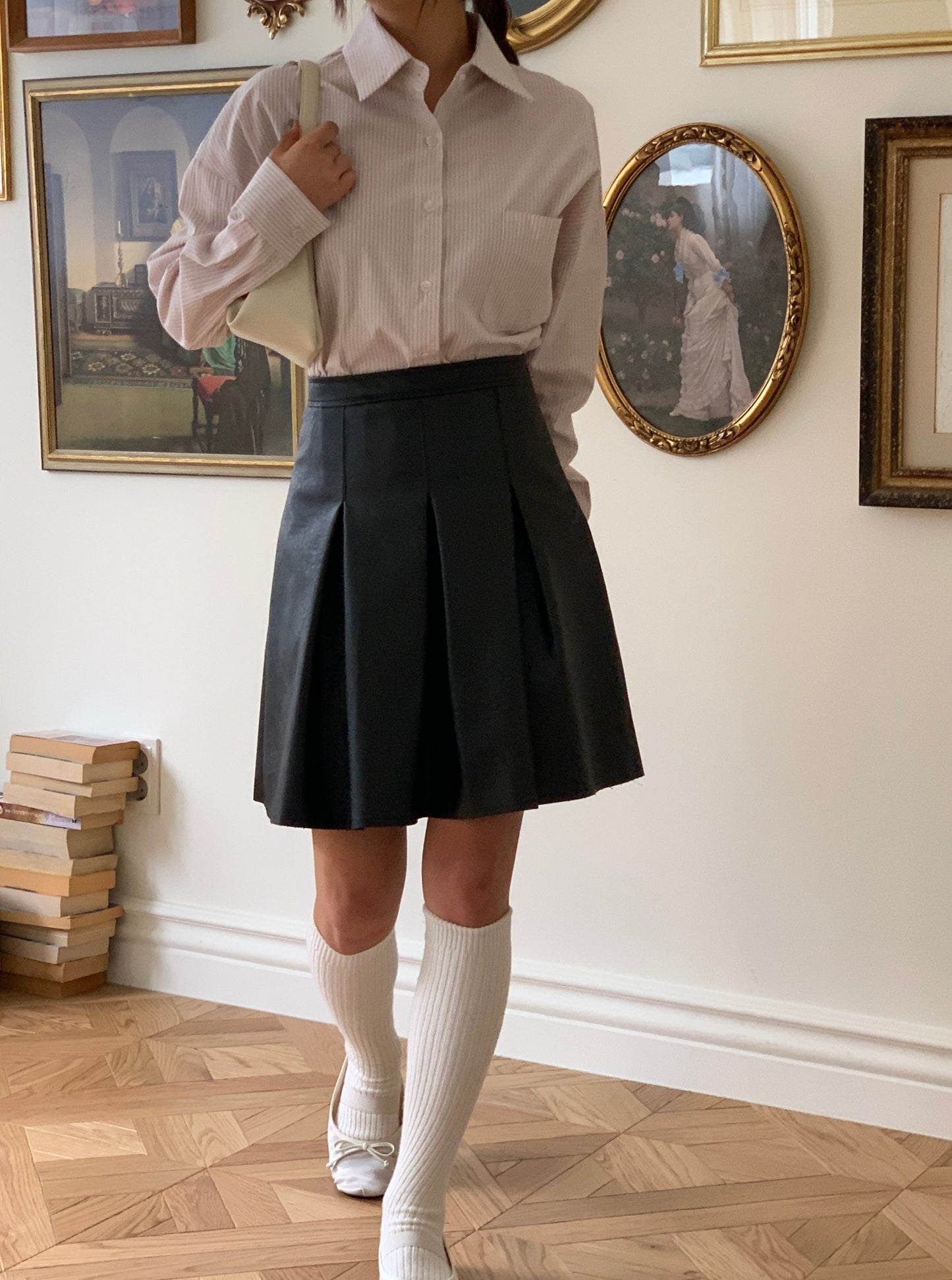 Pleats Leather Midi Skirt