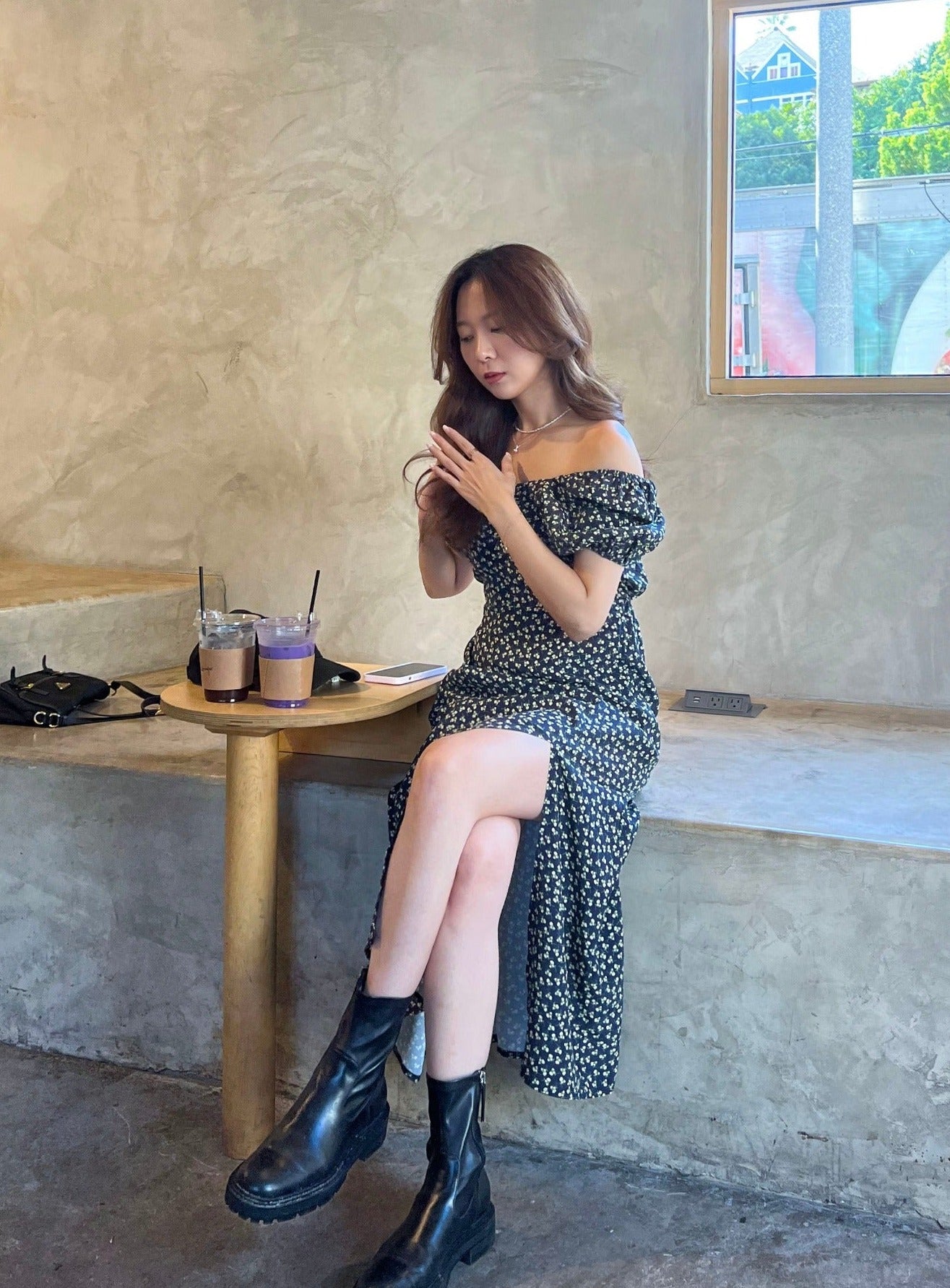 Off Shoulder Slit Midi Dress