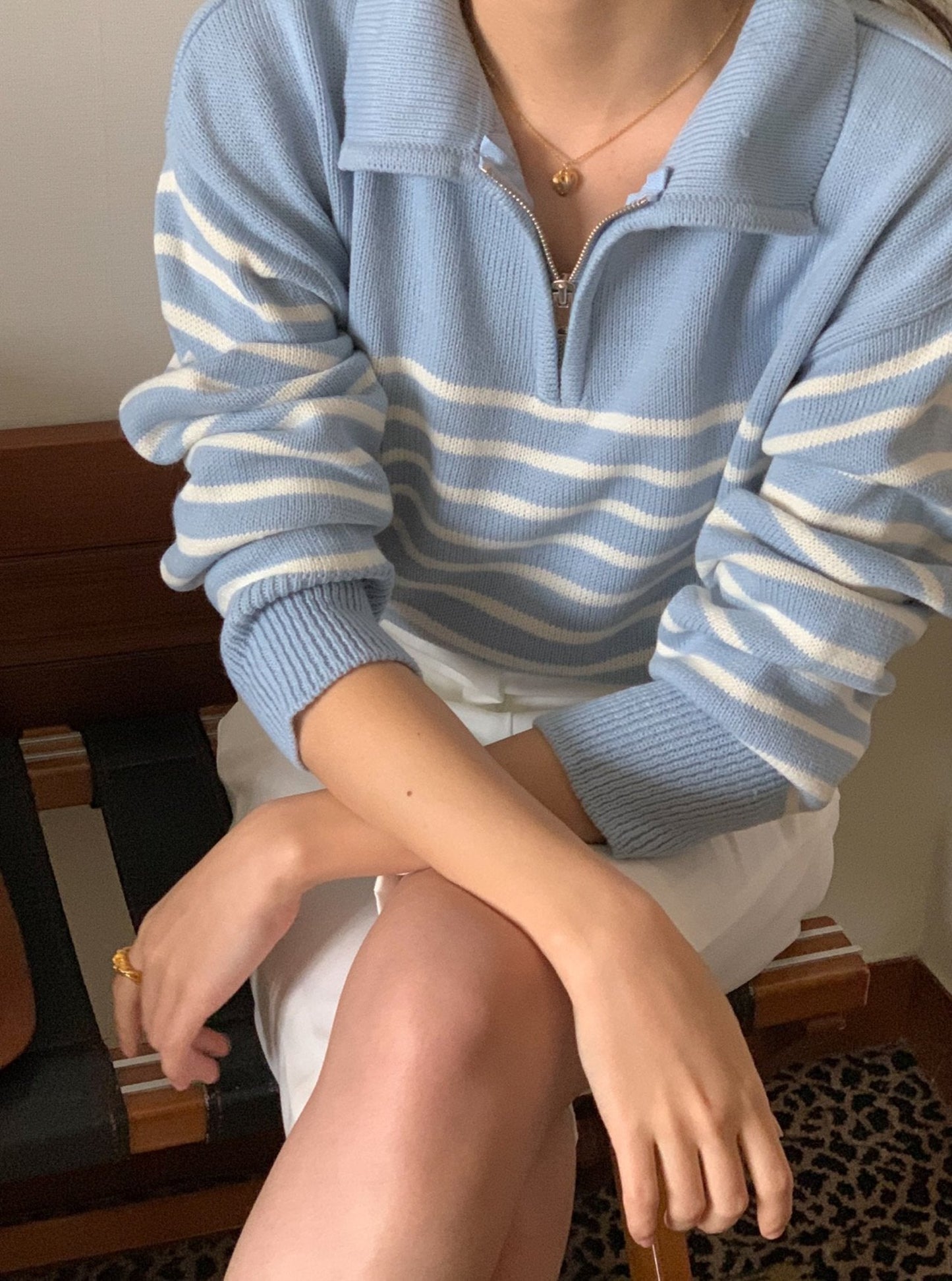 Stripe Half Zip-up Knit Top
