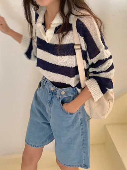 Collar Stripe Knit Top