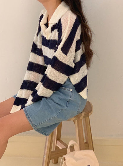 Collar Stripe Knit Top