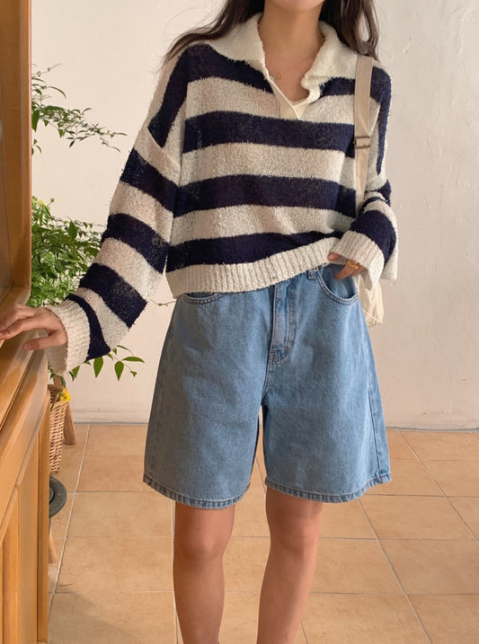 Collar Stripe Knit Top