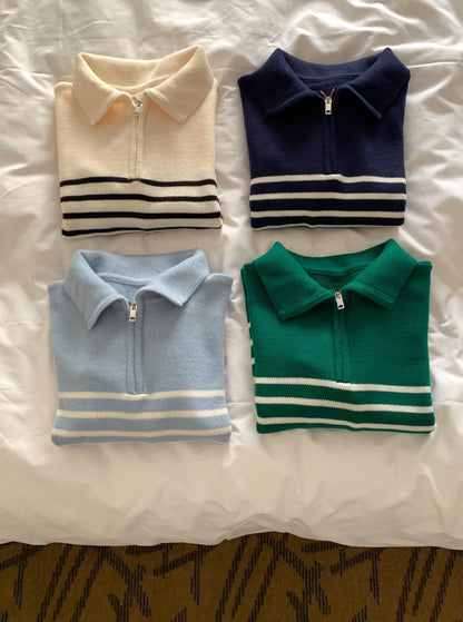 Stripe Half Zip-up Knit Top