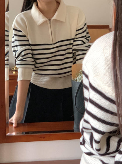 Stripe Half Zip-up Knit Top