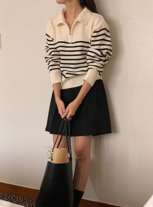 Stripe Half Zip-up Knit Top