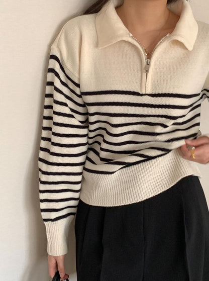 Stripe Half Zip-up Knit Top