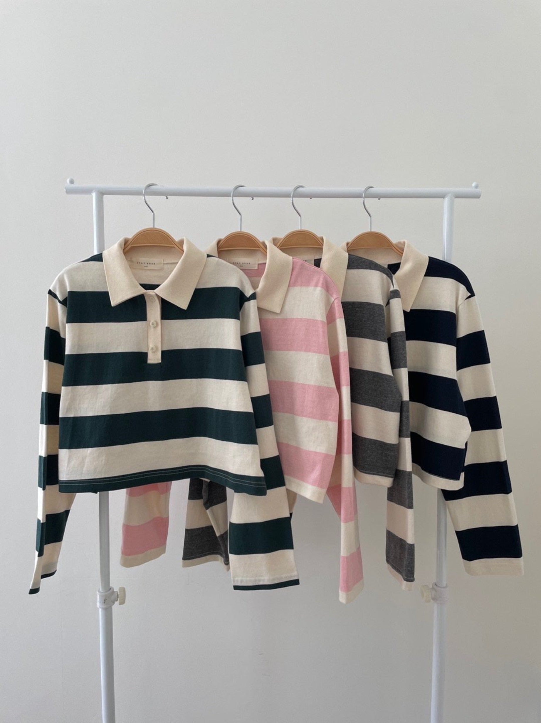 Black stripe collar polo long sleeve crop outlet top