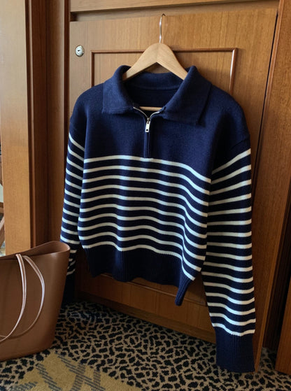 Stripe Half Zip-up Knit Top